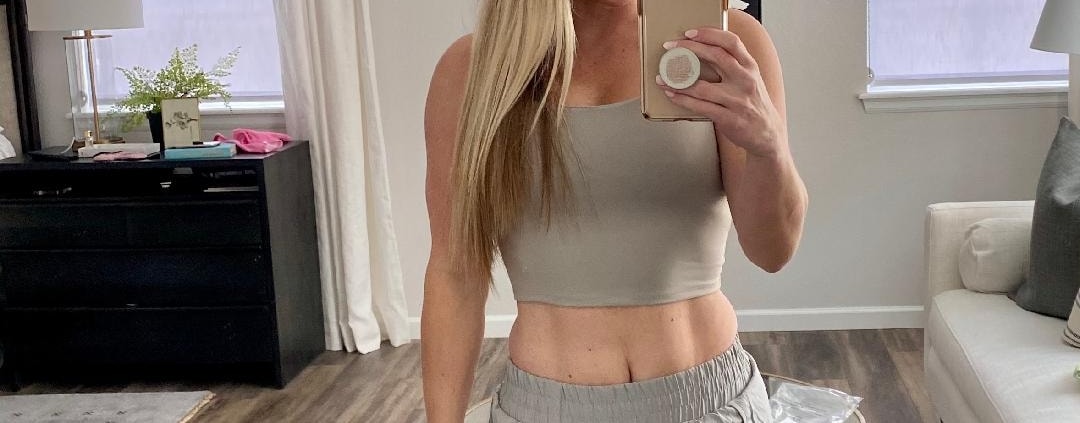 blonde girl in matching grey shorts and top from Amazon