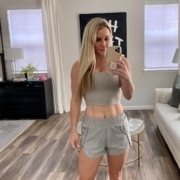 blonde girl in matching grey shorts and top from Amazon