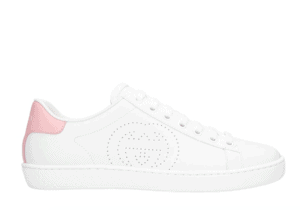 White leather perforated gucci shoe with pink at the back