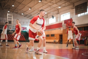 Men playing basketball inside a gym